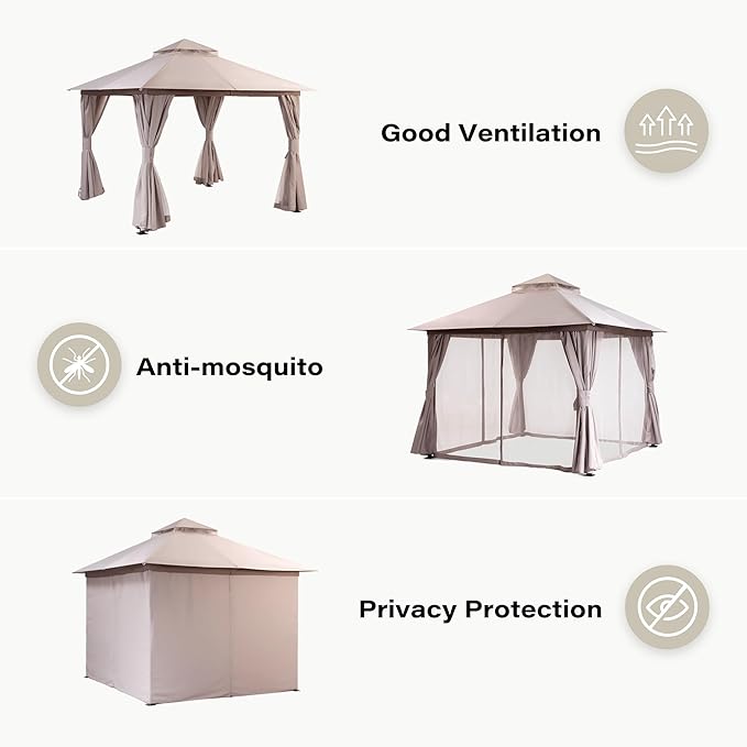 LAUSAINT HOME 10x10ft Outdoor Patio Gazebo with Double Roof, Heavy Duty Waterproof Gazebo Canopy Tent with Mosquito Netting for Backyard, Garden, Lawn & Wedding, Khaki