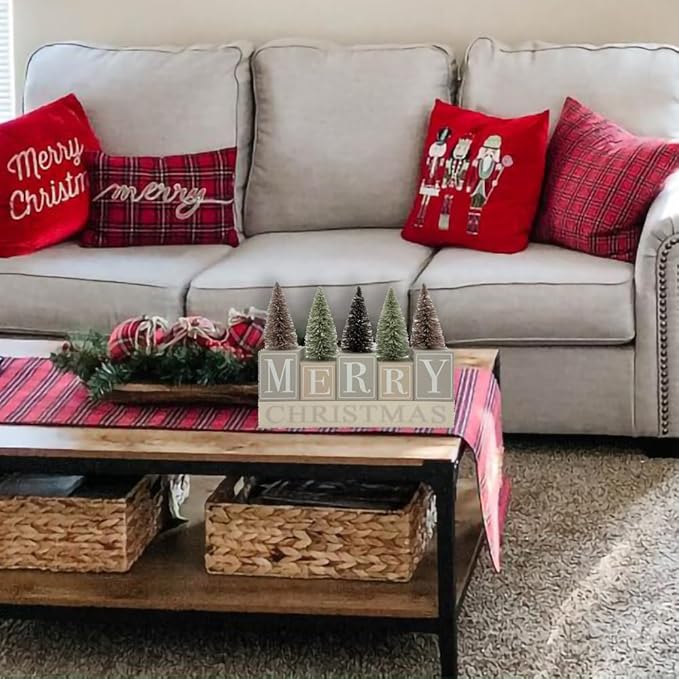 Christmas Decorations for Home Farmhouse Merry Christmas Tree Decor Wooden Winter Rustic Sign Vintage Holiday Tabletop Block for Kitchen Xmas Party Mantel Tiered Tray Gift