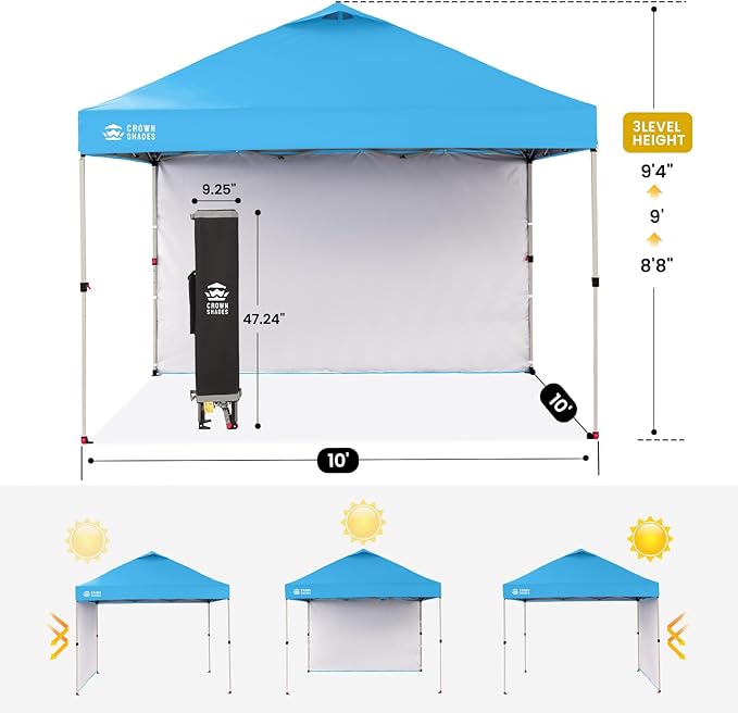 CROWN SHADES 10x10 Pop Up Canopy with 1 Side Wall - Beach Tent with One Push Setup - Outdoor Sun Shade for Events, Parties, Camping - Gazebo with STO-N-Go Cover Bag (Sky Blue)