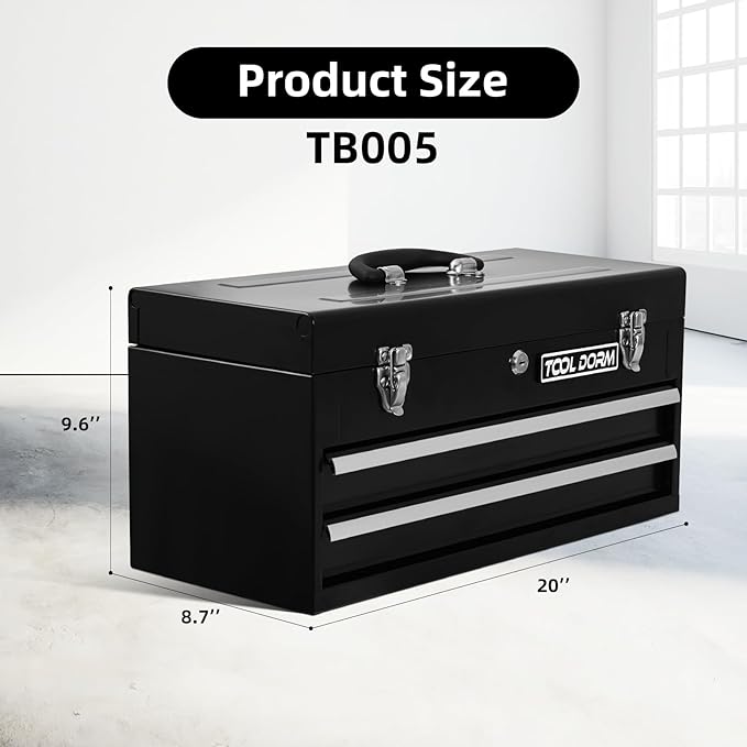 20.3¡° Metal Tool Box with Drawer Portable Steel Tool Box with EAV Liner and Latch Closure and Lock for Garage, Home and Warehouse (Black-2 Drawers)