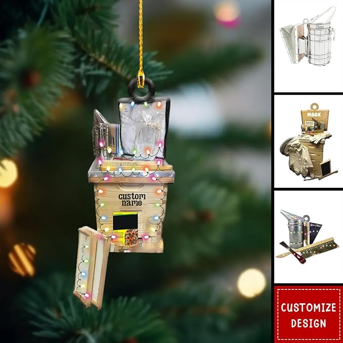 GABITA Personalized Beekeeper Ornament, Custom Name 2D Flat Beekeeping Tool Box Christmas Tree Decoration, Beehive Ornament Xmas Tree Decor, Gift for Bee Farmer