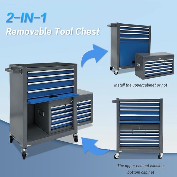 13-Drawer Rolling Tool Chest, 2-in-1 Heavy Duty Detachable Storage Cabinet with Lockable Wheels & Removable Top Box, 600 lbs Capacity for Mechanics, Garage Workshop (Blue£¦Grey)