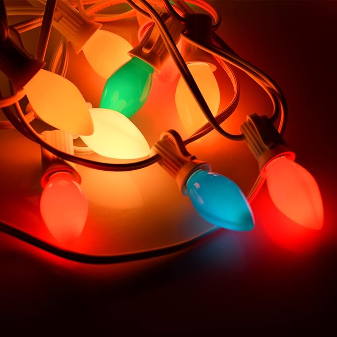 25Ft Christmas Lights Multicolor, C7 Vintage Christmas Light with 27 Colorful Ceramic Bulbs, Hanging Outdoor Christmas Lights for Christmas Tree Party Prom Wedding Holiday Patio Decor, White Wire