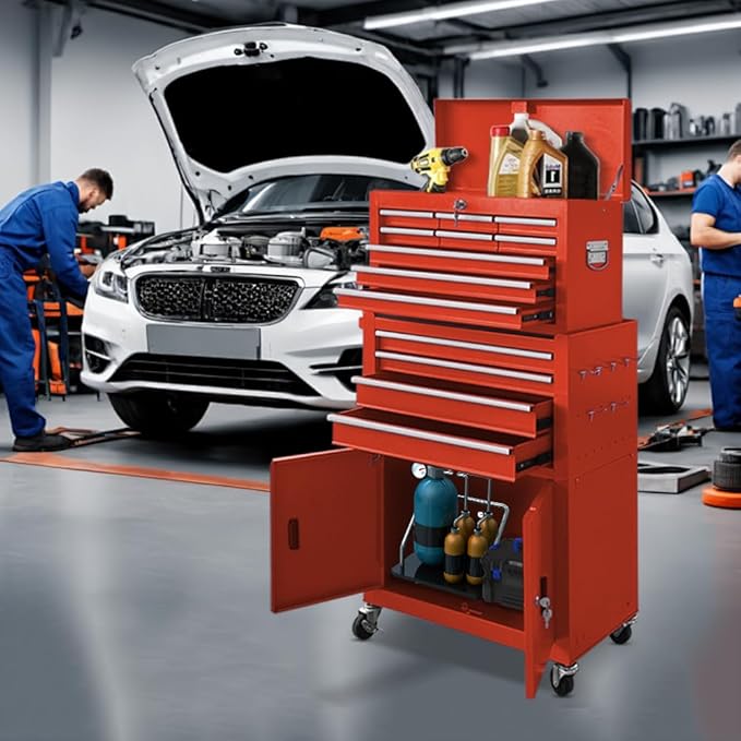 13-Drawer Rolling Tool Chest with Double Door Handle, 2 in 1 Detachable Tool Chest, Large Tool Storage with Wheels, Lockable Tool Cabinet for Garage, Barbershop-Red