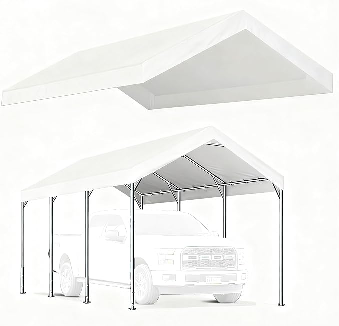 Rutile 10 x 20 Carport Replacement Cover, Heavy Duty Car Tarp Canopy Tent Replacement Top w/Ball Bungees Gray (Only Top Cover, Frame is not Included) (White, 10'x20')