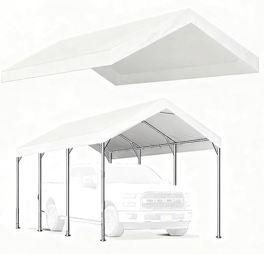 Rutile 10 x 20 Carport Replacement Cover, Heavy Duty Car Tarp Canopy Tent Replacement Top w/Ball Bungees Gray (Only Top Cover, Frame is not Included) (White, 10'x20')