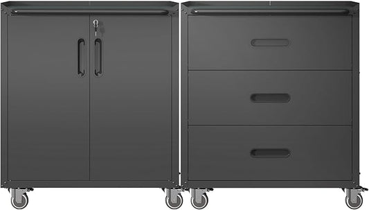 Metal Tool Cabinet,Garage Storage Cabinet System,Wall Cabinet & Locking Rolling Tool Cabinet with Doors and Adjustable Shelves,Steel Tool Cabinets for Home (2 Pcs-StyleC, Black)