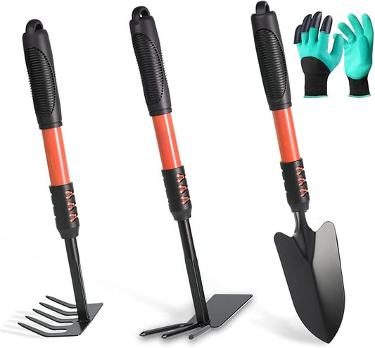 Garden Tool Set, 4 Pack Gardening Tools, Stainless Steel Heavy Duty Hand Cultivator, Hoes, Shovel, for Planting Weeding Digging, Gardening Gifts for Women,Orange