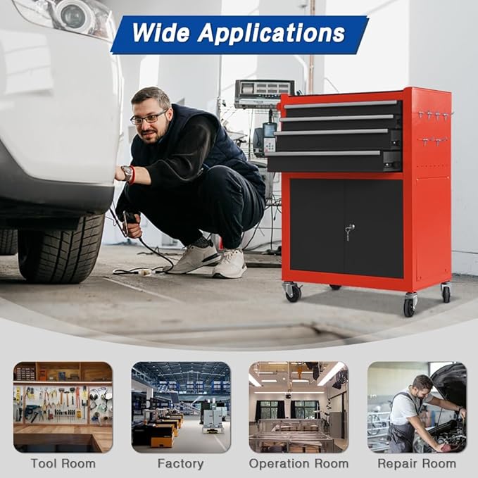 13 Drawers Tool Chest with Wheels, Rolling Tool Box with Drawers, Metal Tool Cabinet for Garage, Workshop(Red-Black)