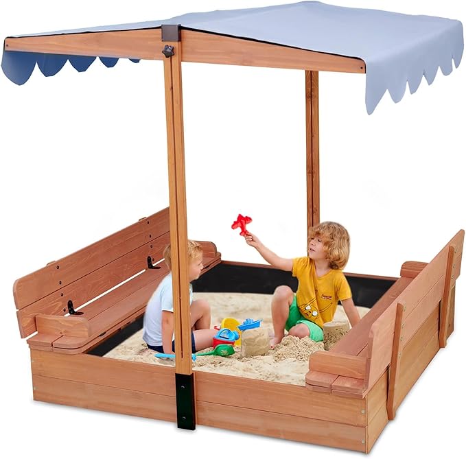 Wooden Kids Sandbox with Lid Sand Box with Cover for Outdoor with Canopy Ages 4-8, Sand Pit with 2 Foldable Bench Adjustable Roof Bottom Liner