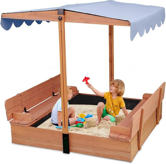Wooden Kids Sandbox with Lid Sand Box with Cover for Outdoor with Canopy Ages 4-8, Sand Pit with 2 Foldable Bench Adjustable Roof Bottom Liner