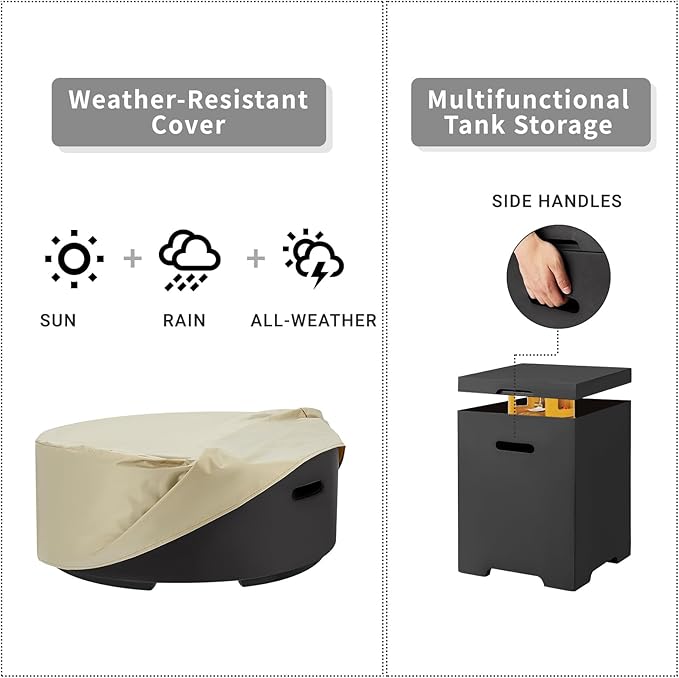 ECOTOUGE 2-Piece Gas Fire Pit, Outdoor Propane Fire Pit Table Set w/Tank Cover, 30''Auto-Ignition Round Steel Fire Table, 50,000 BTU Concrete Fire Pit w/Weather-Resistant Pit Cover, Lava Rocks, Black
