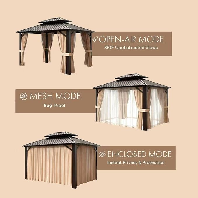 10x12 Hardtop Gazebo with Curtains and Netting