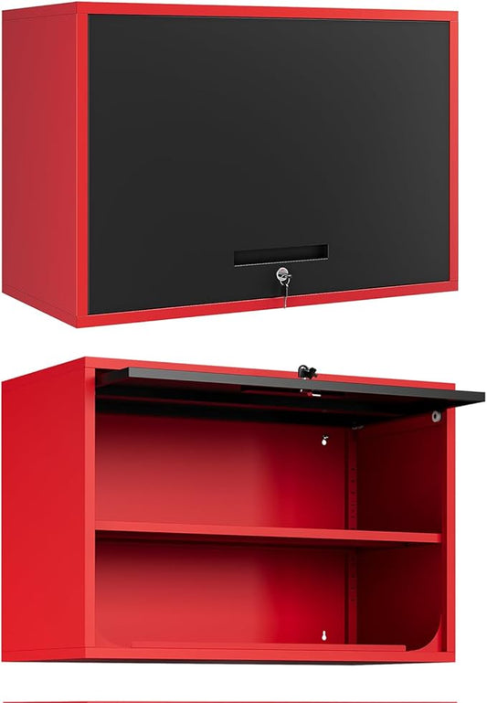 Metal Wall Cabinet with Locking Door and Shelf, Hanging Garage Cabinets with Up-Flip Doors for Garage, Warehouse, Home, Office, Assembly Required (Black Red, One Cabinet)