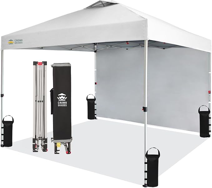 CROWN SHADES 10x10 Pop Up Canopy with 1 Side Wall - Beach Tent with One Push Setup - Outdoor Sun Shade for Events, Parties, Camping - Gazebo with STO-N-Go Cover Bag (White)