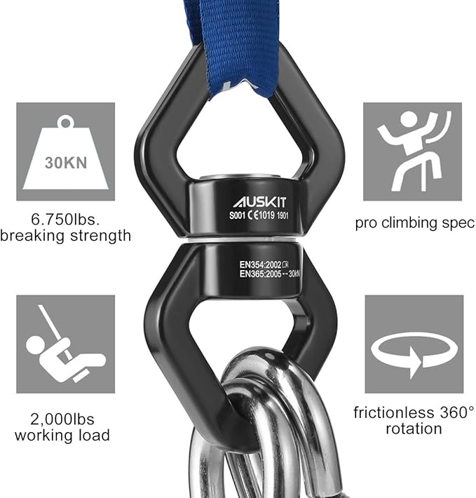 Black Swing Swivel, 30 KN Safest Rotational Device Hanging Accessory