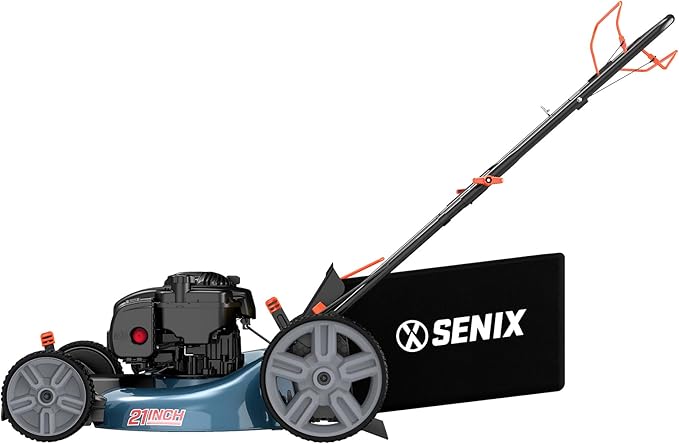 SENIX LSSG-M9 21-inch Gas Self-Propelled Lawn Mower - 140 cc 4-Cycle Briggs & Stratton Engine, Bagging, Mulching, and Side Discharge, 6-Position Lever Height Adjustment