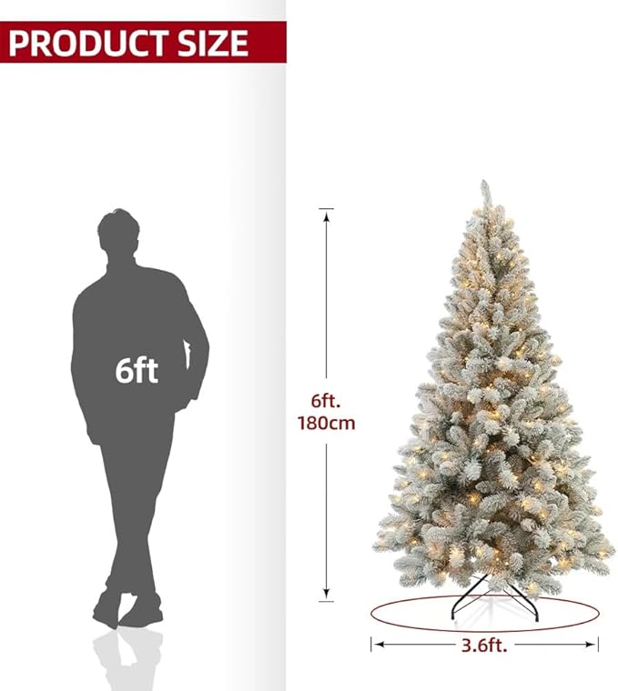 Prelit Christmas Tree with Lights 6ft - Premium Snow Flocked Artificial Xmas Tree,with 874 Branch Tips and 250 Warm Lightsm,Support Automatique,Perfect Choice for Christmas Decorations,White