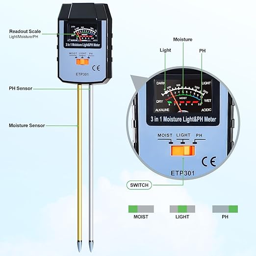 ALLOSUN Soil Moisture Meter for Plants, 4 in 1 Soil pH Tester/pH Meter for Water/Light Meter for Plants, Indoor, Garden, Farm, Lawn, No Battery Required