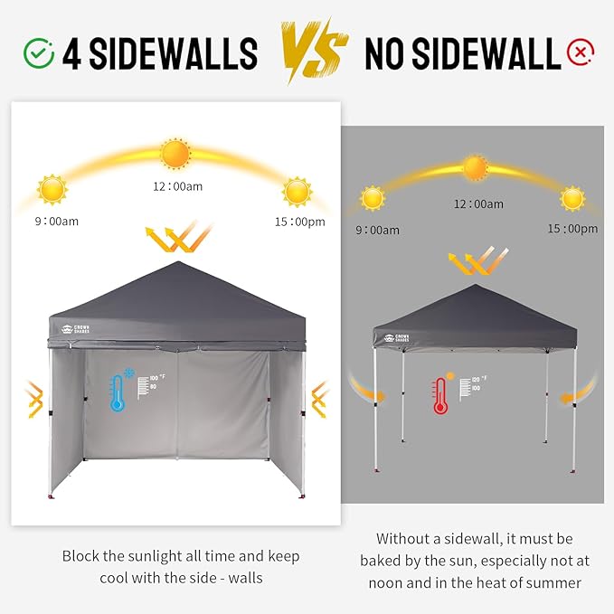 CROWN SHADES 10X10 Comercial Instant Canopy Pop Up Tent with Center Lock (10x10 with 4 Sidewalls, Grey)