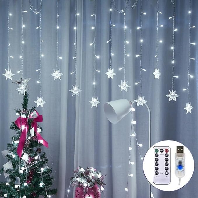 LED Christmas Curtain Lights,Snowflake Lights Decorations with Remote Control,USB Powered 24 Snowflakes 120 LEDs Window String Lights with 8 Modes Decor Christmas Wedding Party Wall Home Decor
