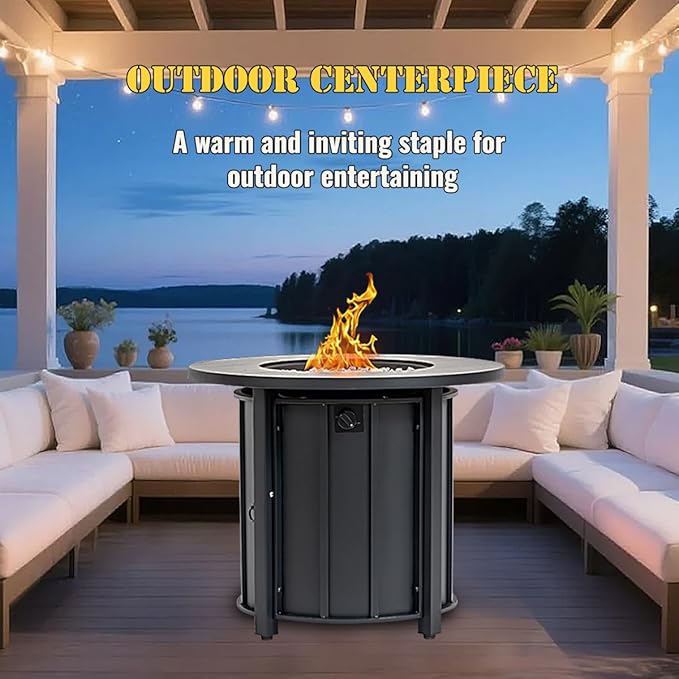 30'' Concrete Round Gas Fire Pit, 50,000 BTU Steel Outdoor Fire Tables, Fire Table with Lid, Add Warmth & Ambience to Gatherings and Parties On Patio Deck Garden Backyard£¬White Glass Stone.