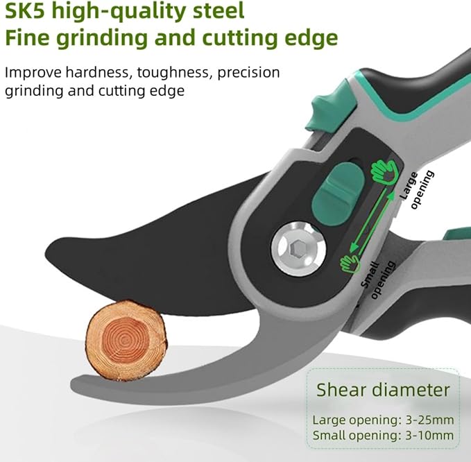 is an 8-inch long, SK-5 steel blade, tough and sharp gardening scissors suitable for trimming 3/4 fruit branches, flower branches, etc. It is a great helper for gardening