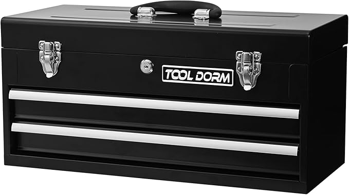 20.3¡° Metal Tool Box with Drawer Portable Steel Tool Box with EAV Liner and Latch Closure and Lock for Garage, Home and Warehouse (Black-2 Drawers)