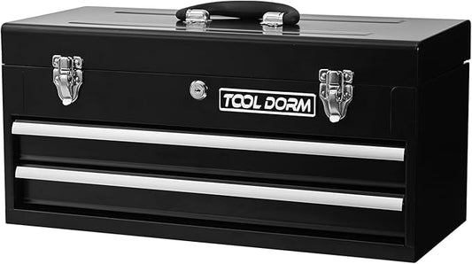20.3¡° Metal Tool Box with Drawer Portable Steel Tool Box with EAV Liner and Latch Closure and Lock for Garage, Home and Warehouse (Black-2 Drawers)