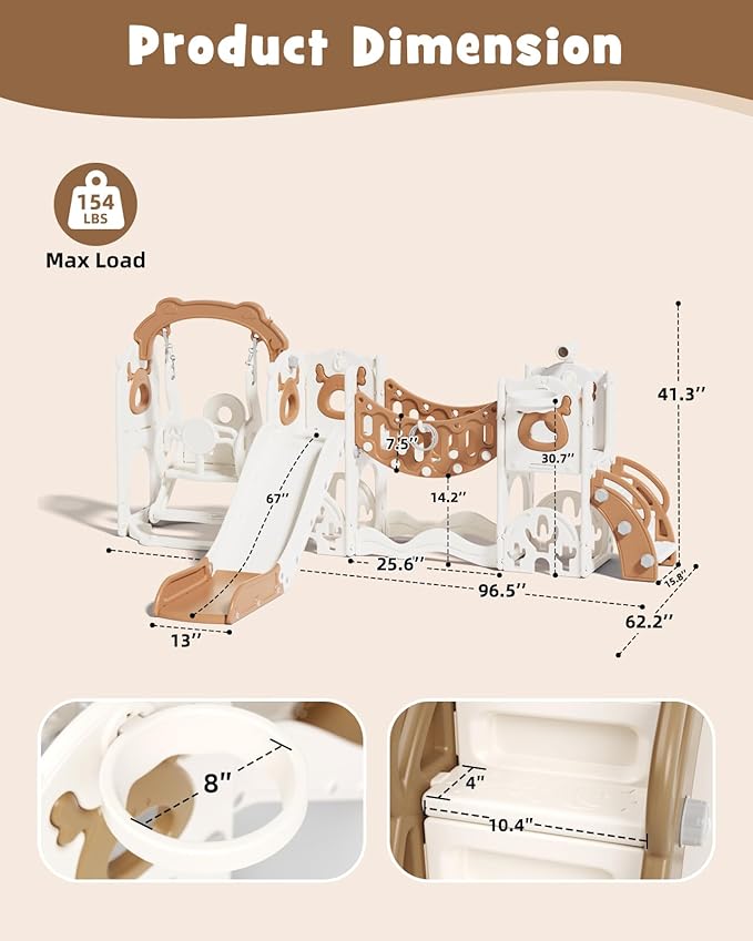 XJD 12-in-1 Toddler Slide and Swing Set, Kids Slide for Toddlers Age 1+, Toddler Outdoor Playset New Upgrade with Golf Set, Basketball Hoop, Drawing Board for Playground (Brown)