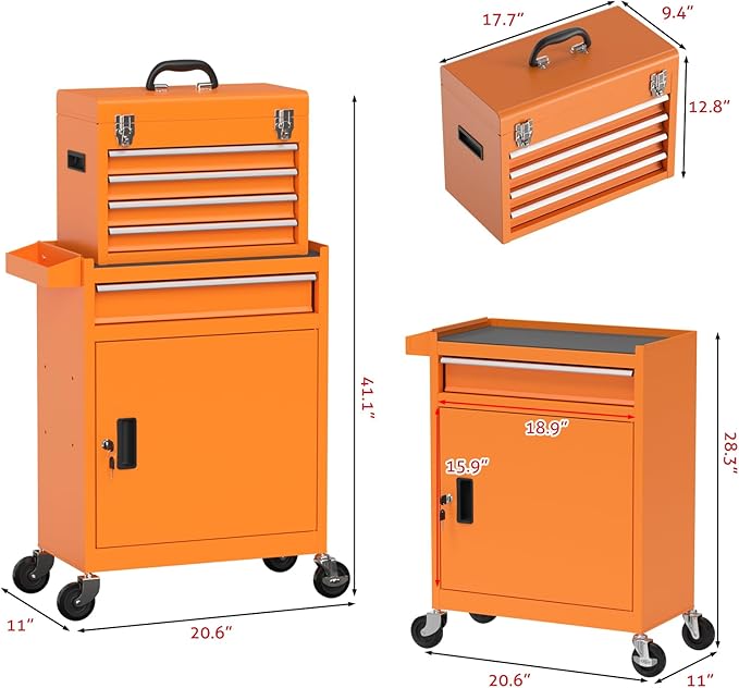 5-Drawer Rolling Tool Chest, High Capacity Removable Tool Storage Cabinet, Detachable Toolbox with Lock for Garage Warehouse and Tool Room (Orange)