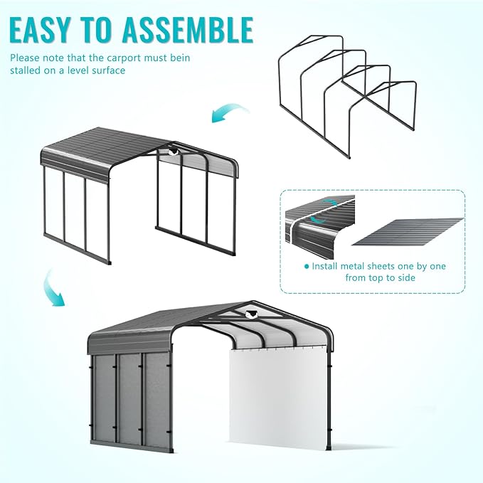 10x15 Metal Carport, Heavy Duty Car Carport Canopy, Galvanized Steel Roof Car Tent Garage, CarPorts with Removable Polyethylene Sidewalls