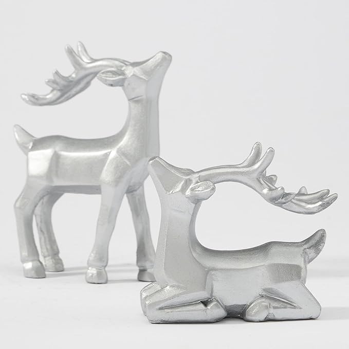 WDS WONDROUS Christmas Decor Trees and Reindeer Figurines Decoration- Sliver Set of 5 Christmas Tree Statues and Deer Decor Set, Resin Ornaments Tabletop Shelf Office Indoor