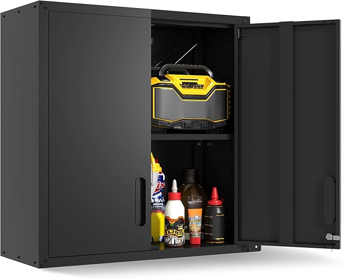 Garage Wall Cabinet,29.5 W Wall Mounted Garage Cabinets with Adjustable Shelf,Heavy Duty Lockable Metal Cabinet,Secure Hanging Tool Cabinet for Basement,Laundry Room,Basement,Workshop,Black