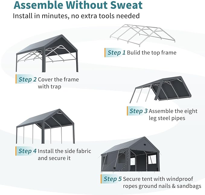 12x20FT Heavy Duty Carport Canopy,Extra Large Portable Car Tent Garage with Roll-up Windows and All-Season Tarp Cover,Removable Roof&Side Walls for Car,SUV,Boats&Truck Shelter Logic Storage
