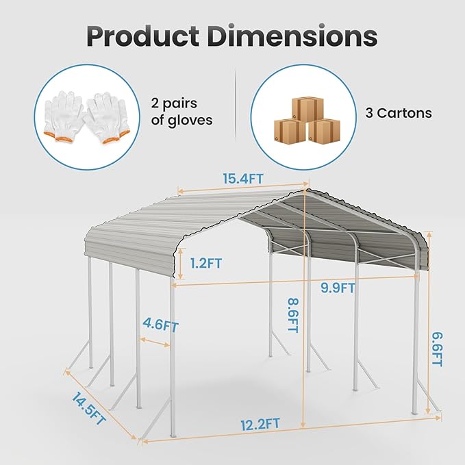10X15ft Heavy Duty Metal Carport – Outdoor Galvanized Garage, Sturdy Structure, All-Weather Protection, Easy Assembly for Cars, Trucks, Boats, Tractors, and Outdoor Storage (Beige, 10x15FT)