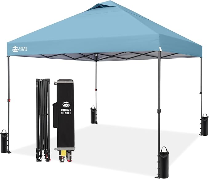 CROWN SHADES 10x10 Pop Up Canopy Tent - Patented Center Lock One Push Instant Outdoor Canopy Beach Tent with STO-N-Go Bag 8 Stakes & 4 Sand Bags，Cyan Blue