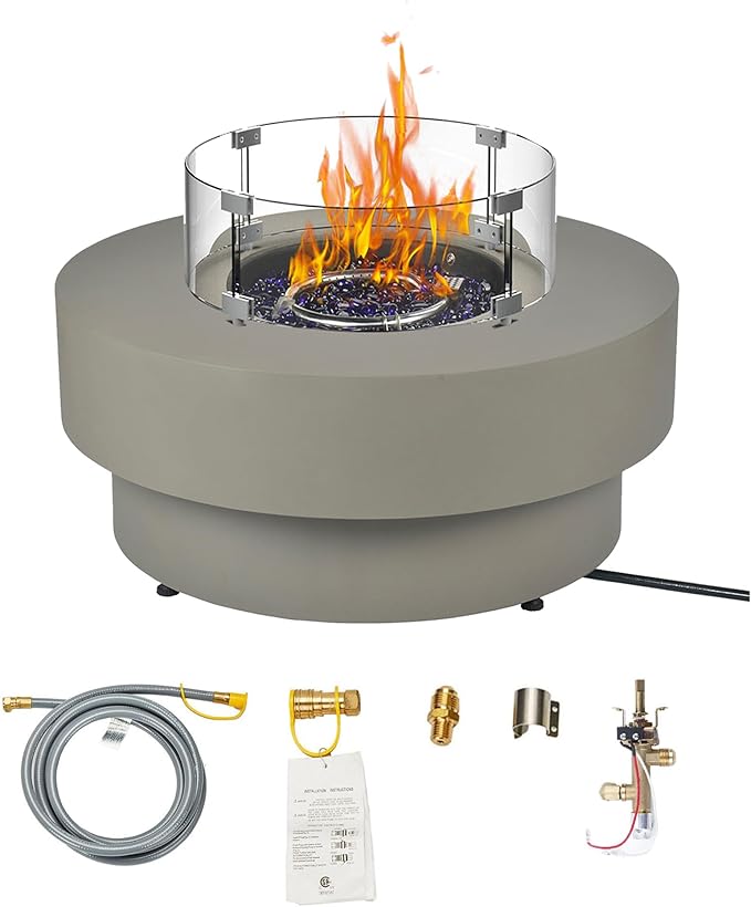 32.5-inch Outdoor Gas Fire Pit Table with Natural Gas Conversion Kit & Wind Glass Shield, 50,000BTU Propane Gas Fire Pits for Outside Patio w/Round Burner Lid, Glass Rocks, Cover