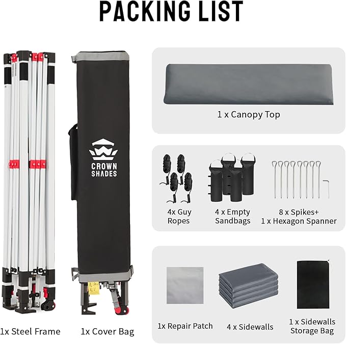 CROWN SHADES 10X10 Comercial Instant Canopy Pop Up Tent with Center Lock (10x10 with 4 Sidewalls, Grey)