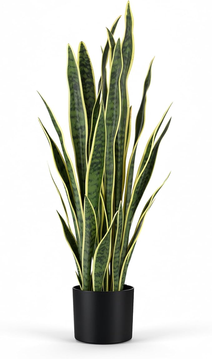 KOL 3ft Artificial Snake Plant, Fake Sansevieria Potted Floor Plants, 32 Lifelike Faux Leaves, Indoor Home Office Room Decoration, Mother-in-Law Tongue, 35in, Yellow