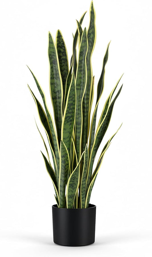 KOL 3ft Artificial Snake Plant, Fake Sansevieria Potted Floor Plants, 32 Lifelike Faux Leaves, Indoor Home Office Room Decoration, Mother-in-Law Tongue, 35in, Yellow