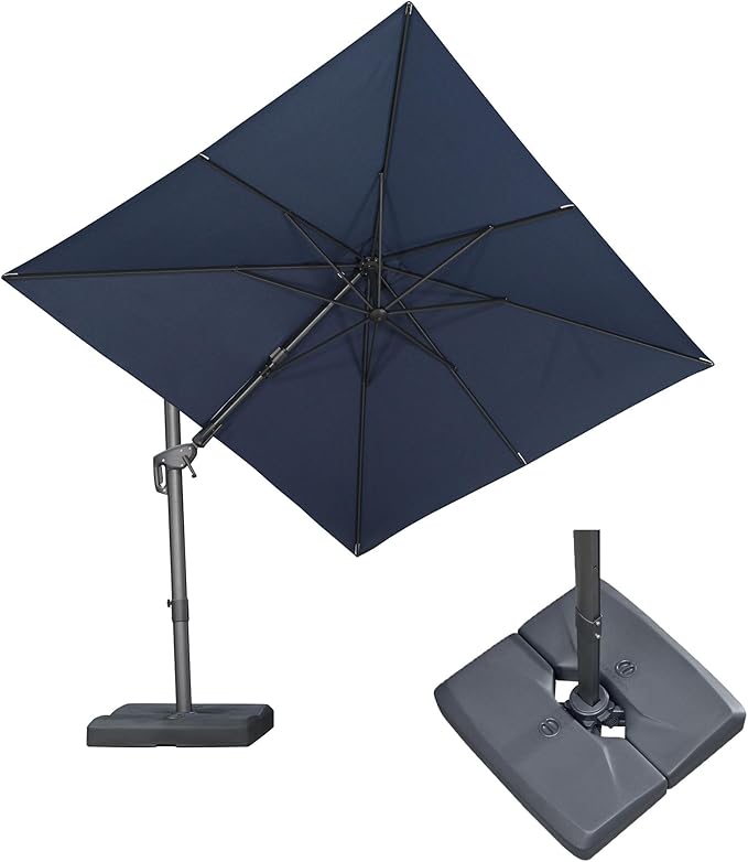 PURPLE LEAF 8' X 10' Swivel Outdoor Patio Aluminum Umbrella with Base Left-right Tilting Cantilever Offset Umbrella with UV Resistant Heavy Duty Fabric for Deck Pool Patio Backyard, Ocean Slate