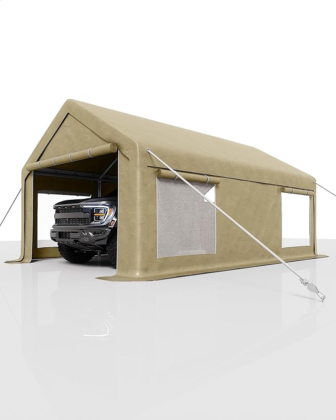 13X20 FT Portable Carport Garage with Roll-Up Windows & Doors, Heavy-Duty 200g PE Tarp, Waterproof & UV Protected Outdoor Shelter for Car, Boat, Truck, Motorcycle