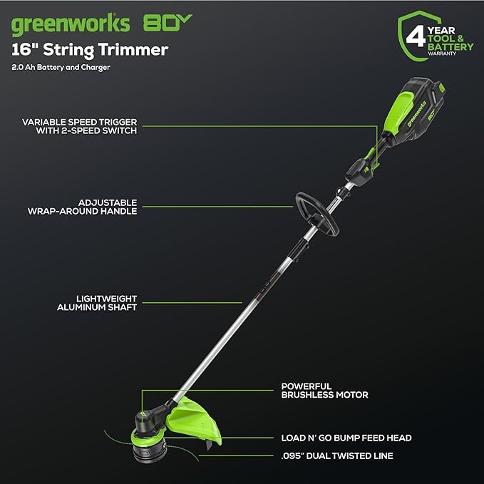Greenworks 80V 16 Brushless Cordless String Trimmer and 700 CFM Leaf Blower Combo Kit, 2.5Ah Battery and Charger Included