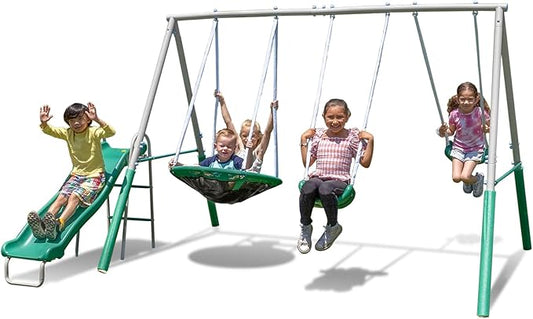 Sportspower Northridge Metal Swing Set, 500 lb Capacity, 32" Saucer, 2 Blow-Molded Swings & 5ft Slide, Durable 6ft Frame, Outdoor Backyard Playset for Kids Aged 3–8