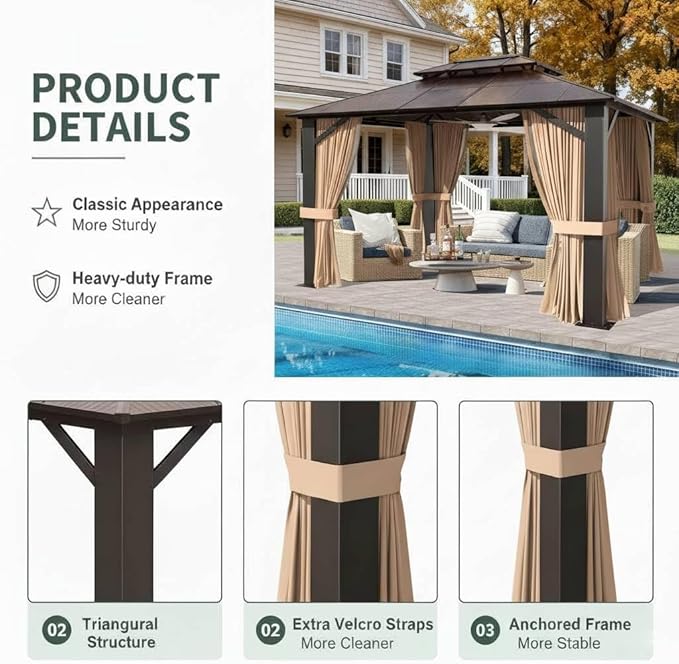10x12 Hardtop Gazebo with Curtains and Netting, Double Roof Polycarbonate Canopy, Heavy-Duty Aluminum Frame – All-Weather, UV & Rust Resistant for Patio, Garden, and Deck