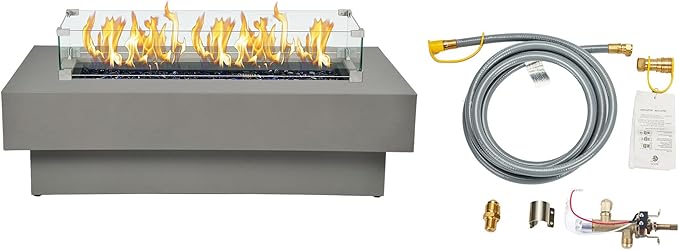 48-inch Fire Table with Natural Gas Conversion Kit & Wind Glass Shield, 50,000BTU Outdoor Modern Patio Fire Pit Table w/Rectangular Burner Lid, Glass Rocks, Cover