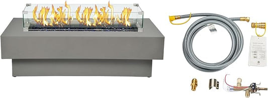48-inch Fire Table with Natural Gas Conversion Kit & Wind Glass Shield, 50,000BTU Outdoor Modern Patio Fire Pit Table w/Rectangular Burner Lid, Glass Rocks, Cover