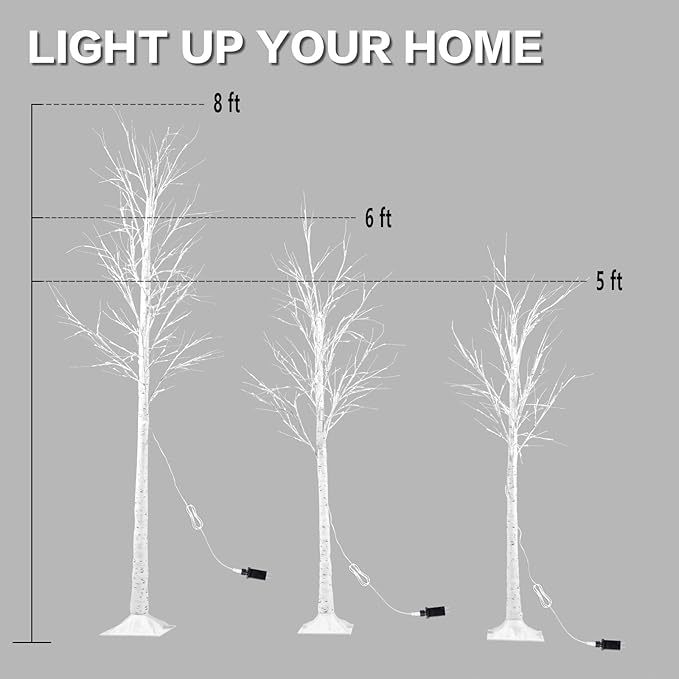 Garsing Lighted Birch Tree Set of 5ft, 6ft and 8ft, Lights Artificial Christmas Tree for Home, Festival, Party and Holiday Decoration, Indoor and Outdoor Use (3 Pack, Warm White)