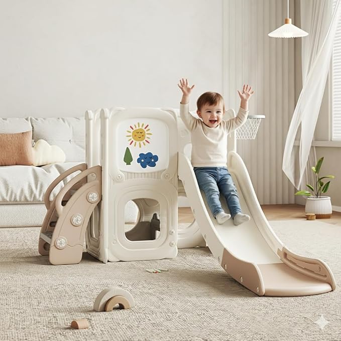 Toddler Slide Playset, Kids Indoor Playground with Climber for Toddlers, Basketball Hoop, Artboard, Play Equipment for Backyard/Living Room/Playroom